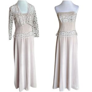 Formal long 2-pc strapless dress with lace mini jacket coverup beige ivory Sz 6